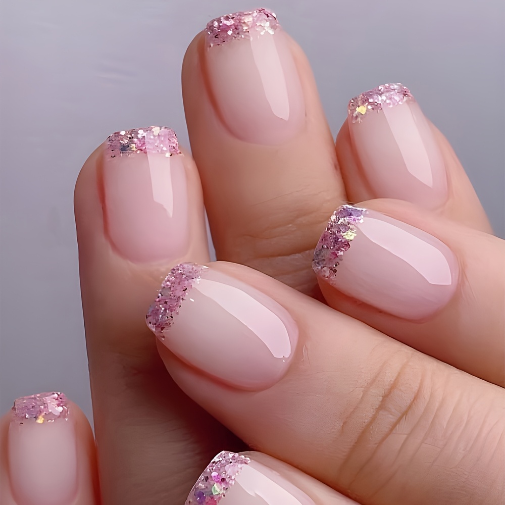 24pcs Glossy Extra-short T Press On Nails Pink Glitter Powder Fake Nails Shiny Artificial Reusable False Nails For Women