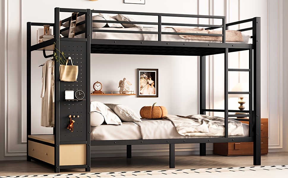 BELLEMAVE Full Over Full Size Metal Bunk Bed with Storage Shelves, Drawers And Pegboard, Heavy-Duty Loft Bed with Noise-Reduced Design, No Box Spring Required, Black
