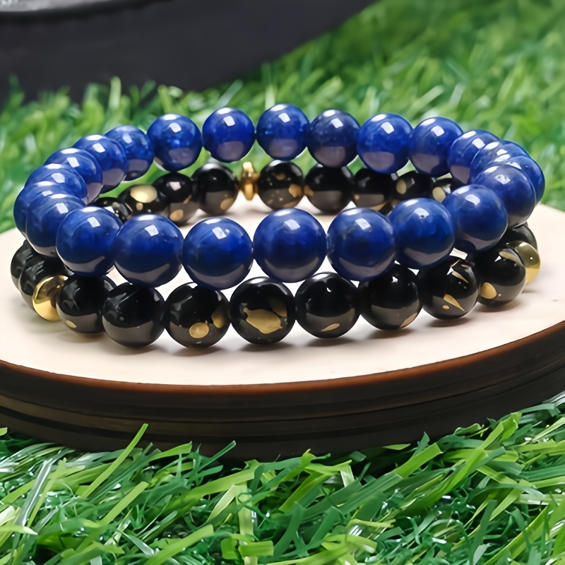 TEMU Pulsera elástica de 2 piezas con elegante fénix de y cristal - Cuentas de de 8 mm azul-, para regalar, fiestas y uso diario, unisex, talla