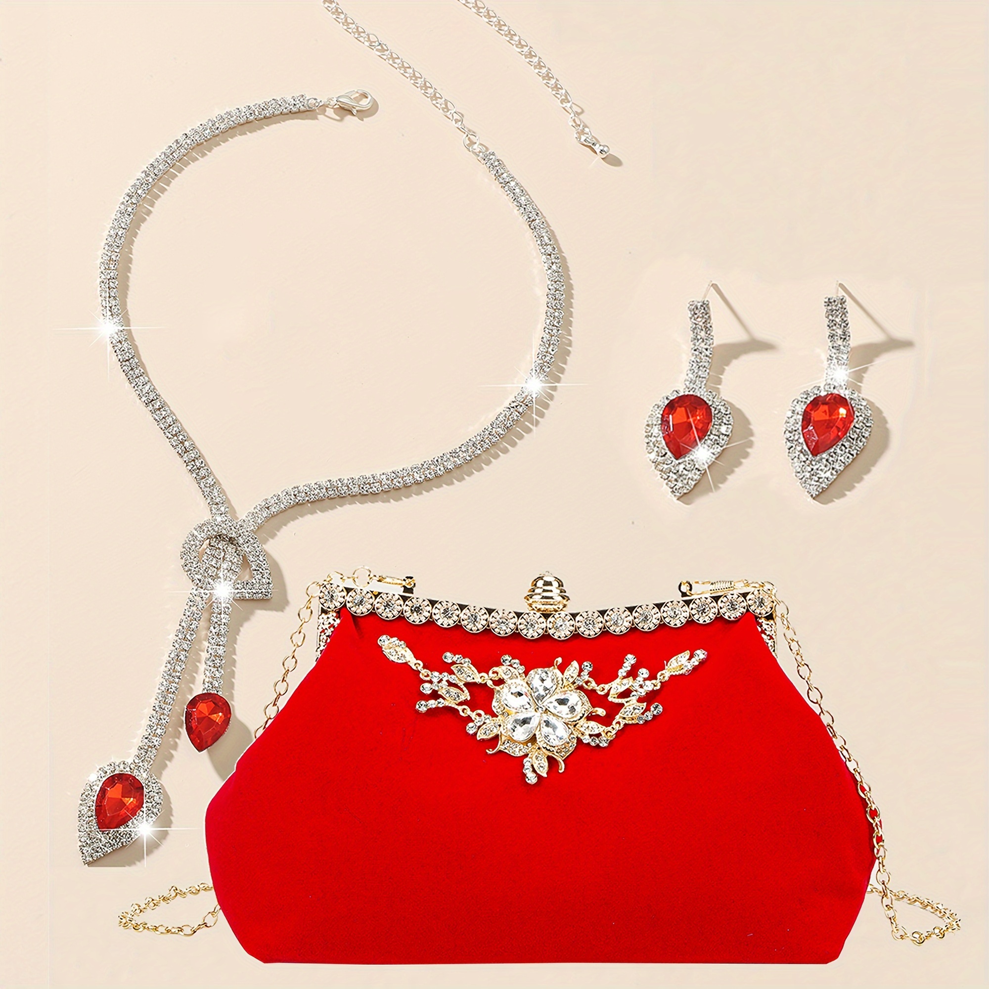 

Portefeuille pochette en velours uni pour femme avec ensemble de bijoux strass 3 pièces, boucles d'oreilles strass, collier de mariée, bracelet, porte-monnaie à et clip d'oreille pour fête