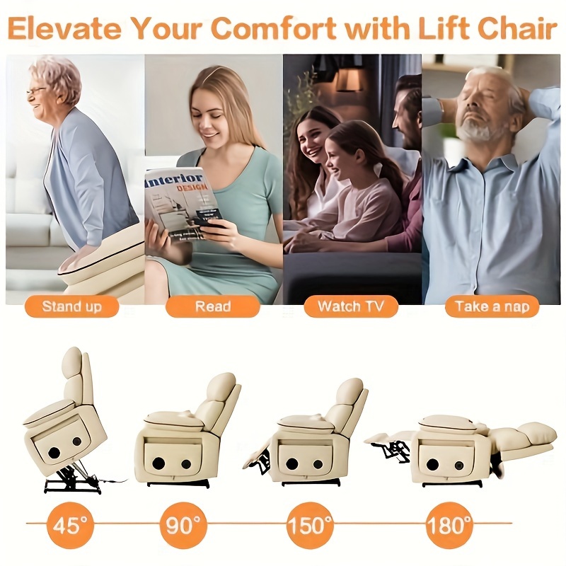 infinite position electric lift recliner with wireless charger and cup holder vibration massage and heating genuine faux leather beige brown silvery gray color   Product details 8