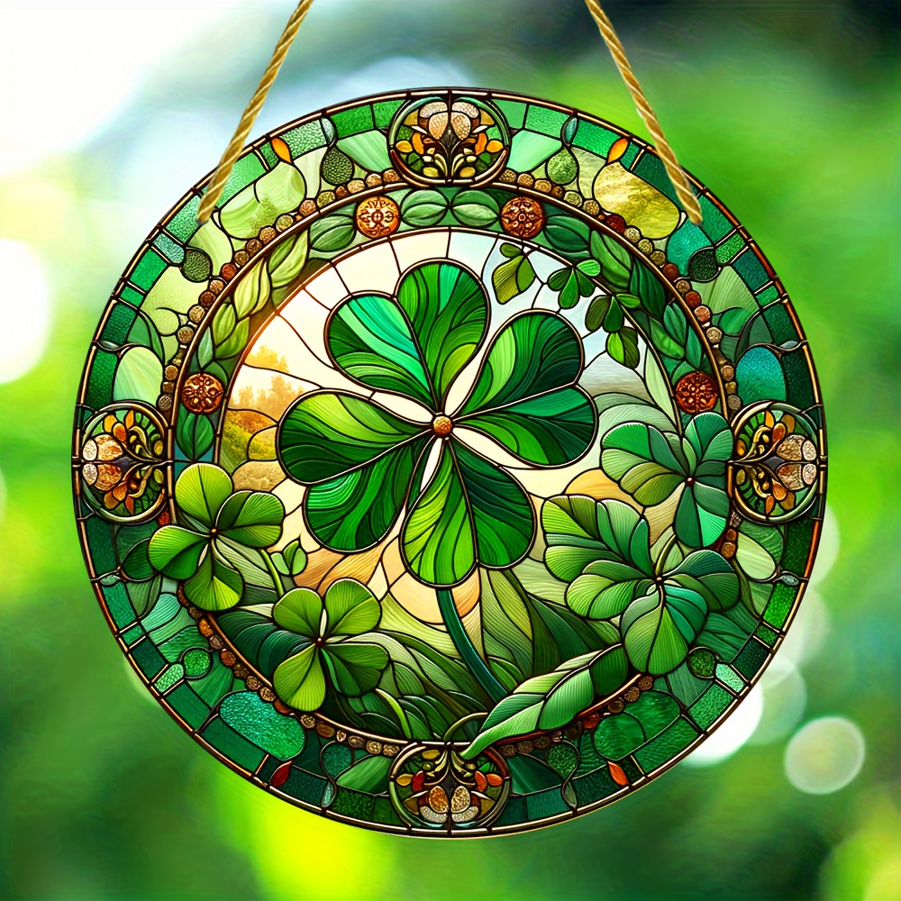 

Lucky Clover Suncatcher - 6x6" Stained Glass-style Acrylic Window Hanging, Round Painted Art Sign For Porch & Garden Decor, Perfect Gift For Family And Friends