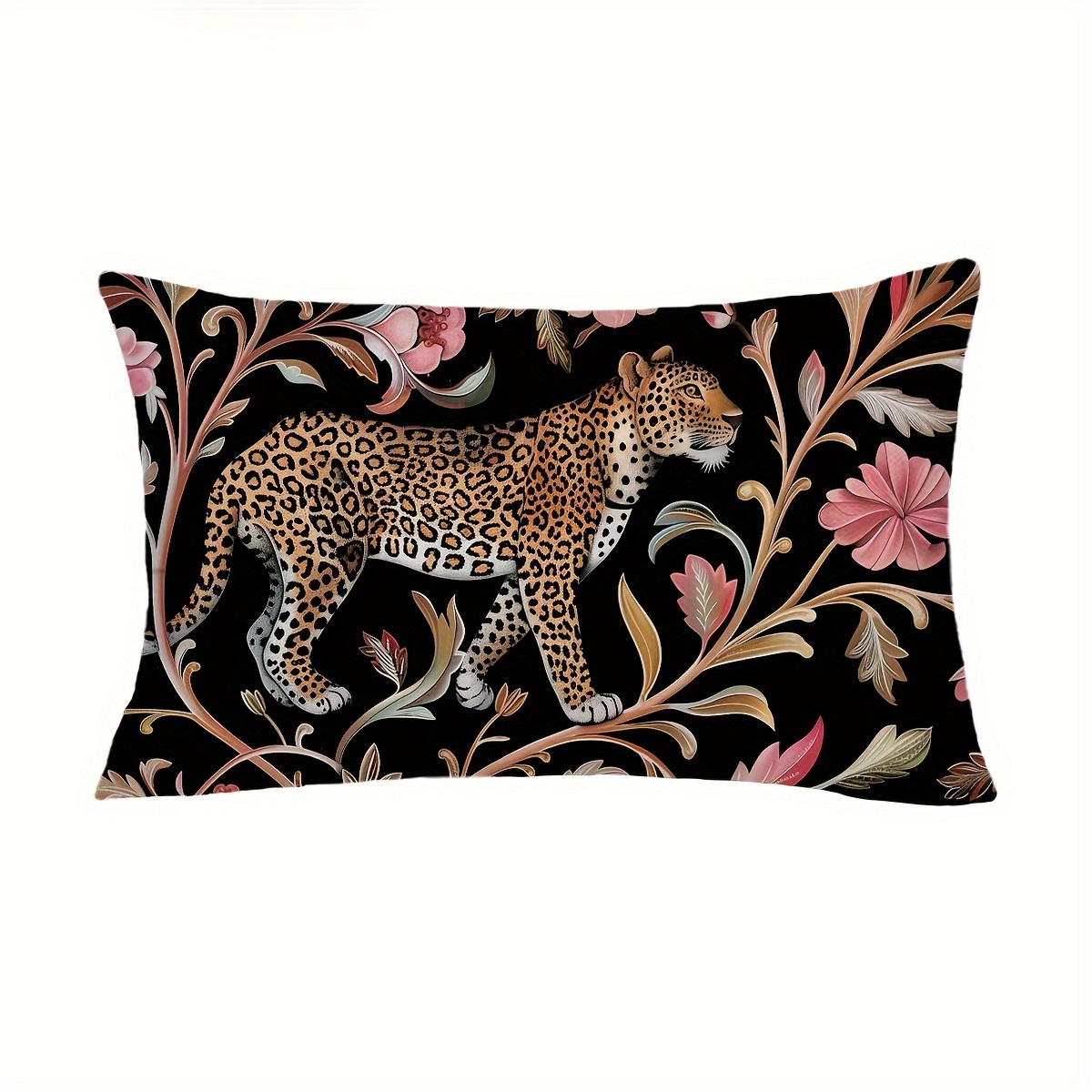 TEMU Vintage Leopard And Floral Throw Pillow Cover - 11.8"x19.7" And 17.7"x17.7" Sizes, 100% Polyester, Hand Wash Only, Zipper Closure, Suitable For Couch, Sofa, Bedroom, And Living Room Decorations