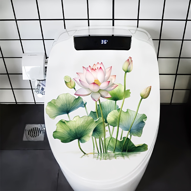 

1pc For Lotus Floral Toilet Lid Decal - Self-adhesive Ceramic , , For Lotus Design With Leaves, Square Shape, Home Decor For Bathroom