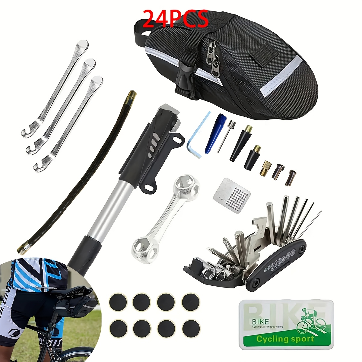 TEMU Pompe à vélo VTT (Rouge/Bleu/Gris) Couleurs multiples Nouvelle pompe à vélo Kit d'outils de réparation de pneus 24pcs Outil de maintenance de