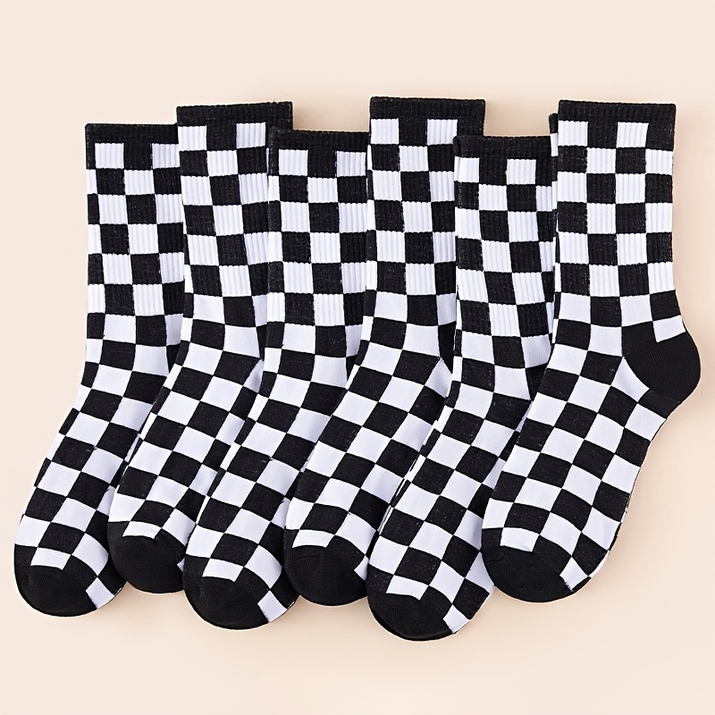 TEMU 6 Pairs Unisex Black And White Checkered/pairs Colored Checkered Versatile Comfortable Casual Sweat-absorbing Long Socks