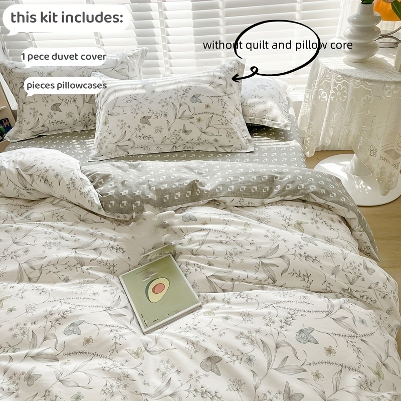 Image of 3pcs 200tc 100% Cotton Duvet Cover Set With And Plant Print, Gray-white Quilt Cover And Pillowcases