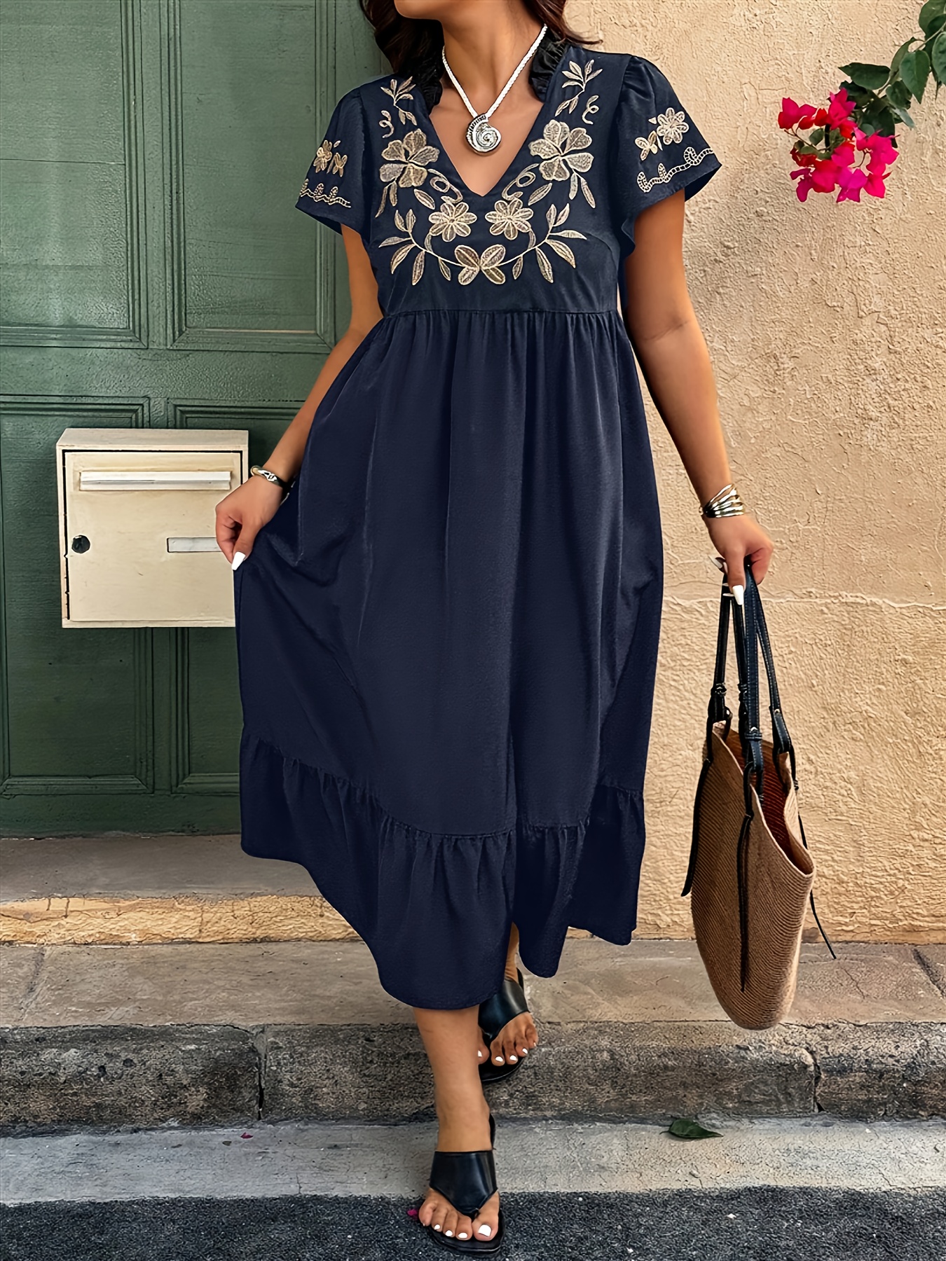 womens casual v neck floral embroidered dress short sleeve - Temu United  Kingdom