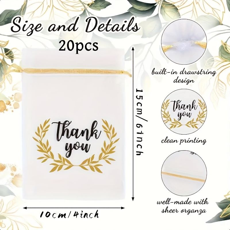 E-shop 20 Stk. Goldene Blätter Danke Organza Geschenktüten - Elegante Schmuck- und Leckerli- mit Kordelzug für Hochzeiten, Duschen, Geburtstage und
