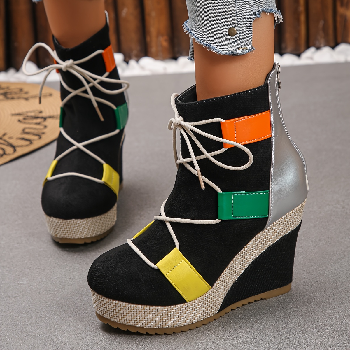 Women's Chunky Platform Wedge Boots with Back Zipper Closure - Thick Sole High Heel Winter Boots in Black/Green/Yellow, Round Toe Synthetic Cover/Fabric Upper & Cushioned Insole for Party, Casual & Casual Attire - All-Season Comfortable Booties