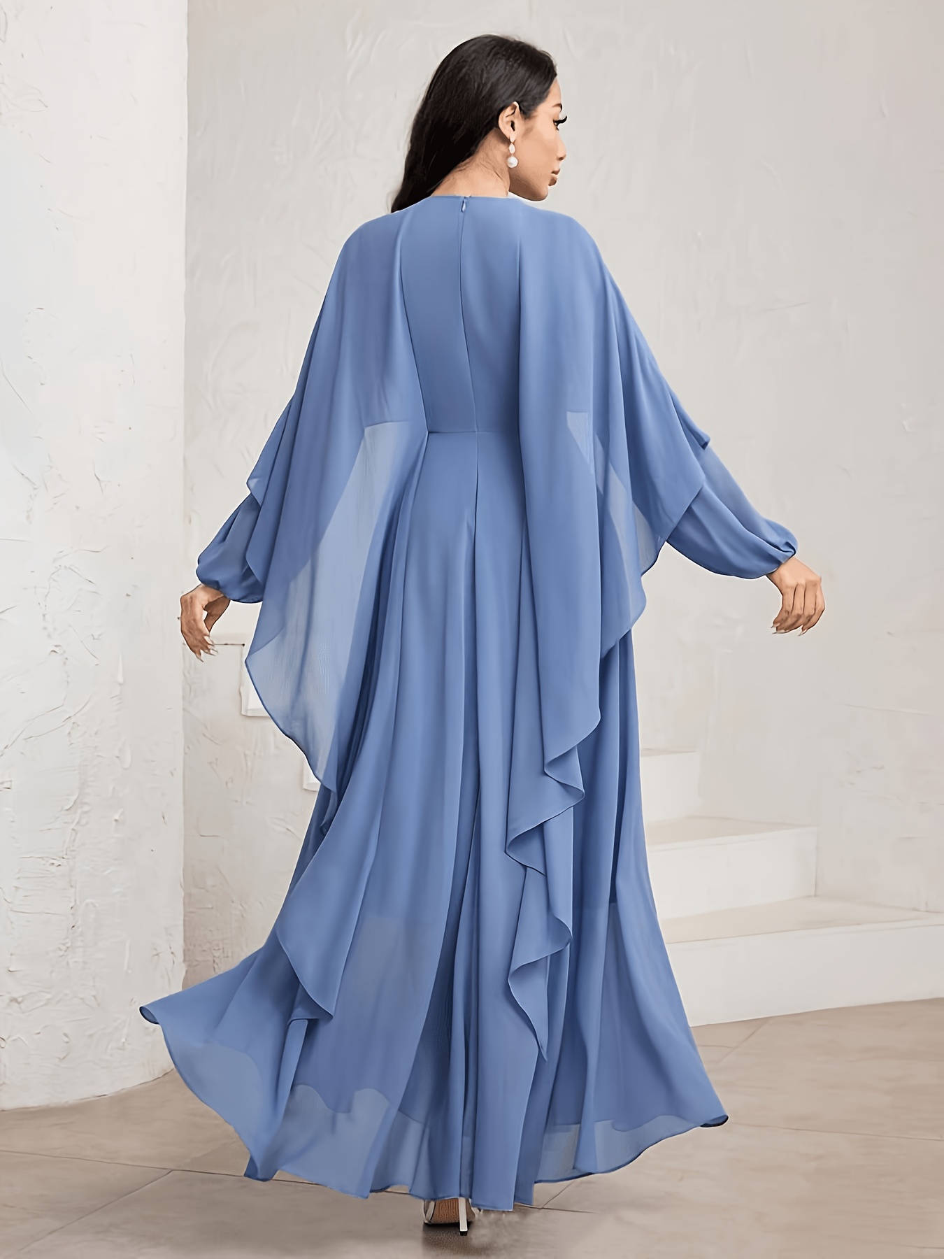 blue chiffon dress womens long knee waist cloak - Temu Canada