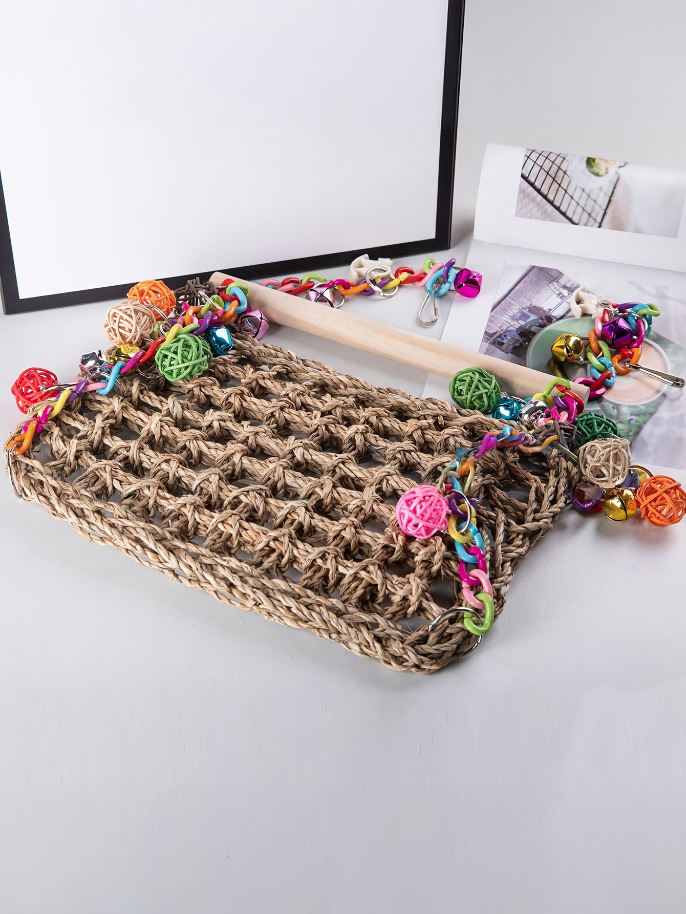1 Parrot Acrylic Swing Stand, Rattan Ball Colorful Chain Double Layer Swing, Climbing Net Hammock, Educational Bird Supplies, Bird Cage Additions, Parrot Toys, (All Additions Are Randomly Assembled in Color)