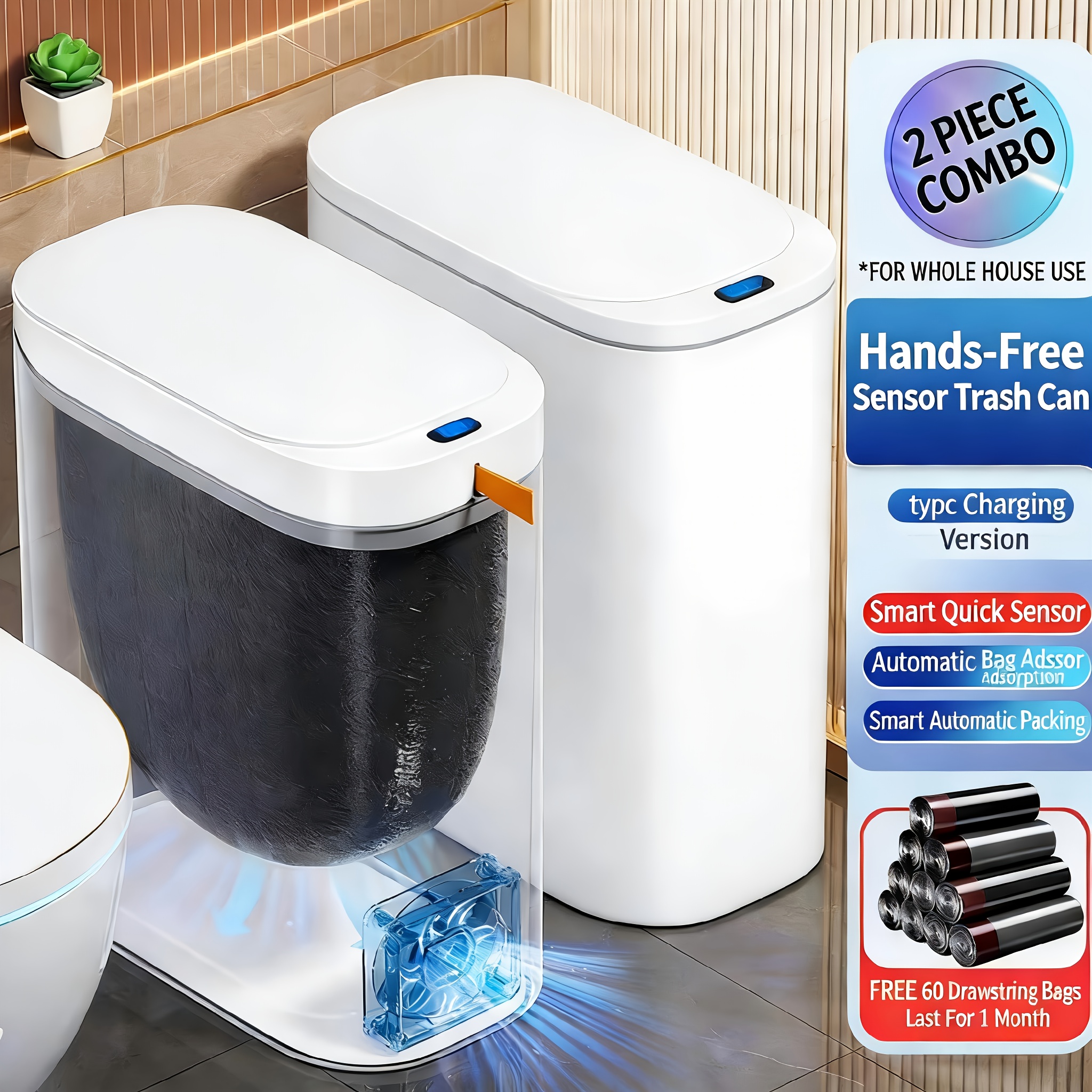 TEMU 2026 New Smart Trash Can With Lid, Touchless Automatic Motion Sensor Trash Can, 13l/3.5 Gallon , Type-c Rechargeable, Bag-holding Design,