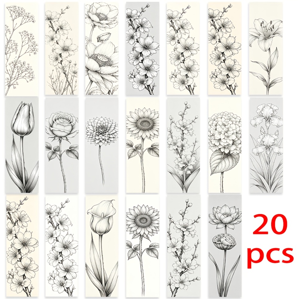 TEMU 20pcs Bookmark Set, Black And White Line Art, Plants And Flowers, Branches And Leaves, , Hand-drawn, Literary, 2d Printed Practical Bookmarks,