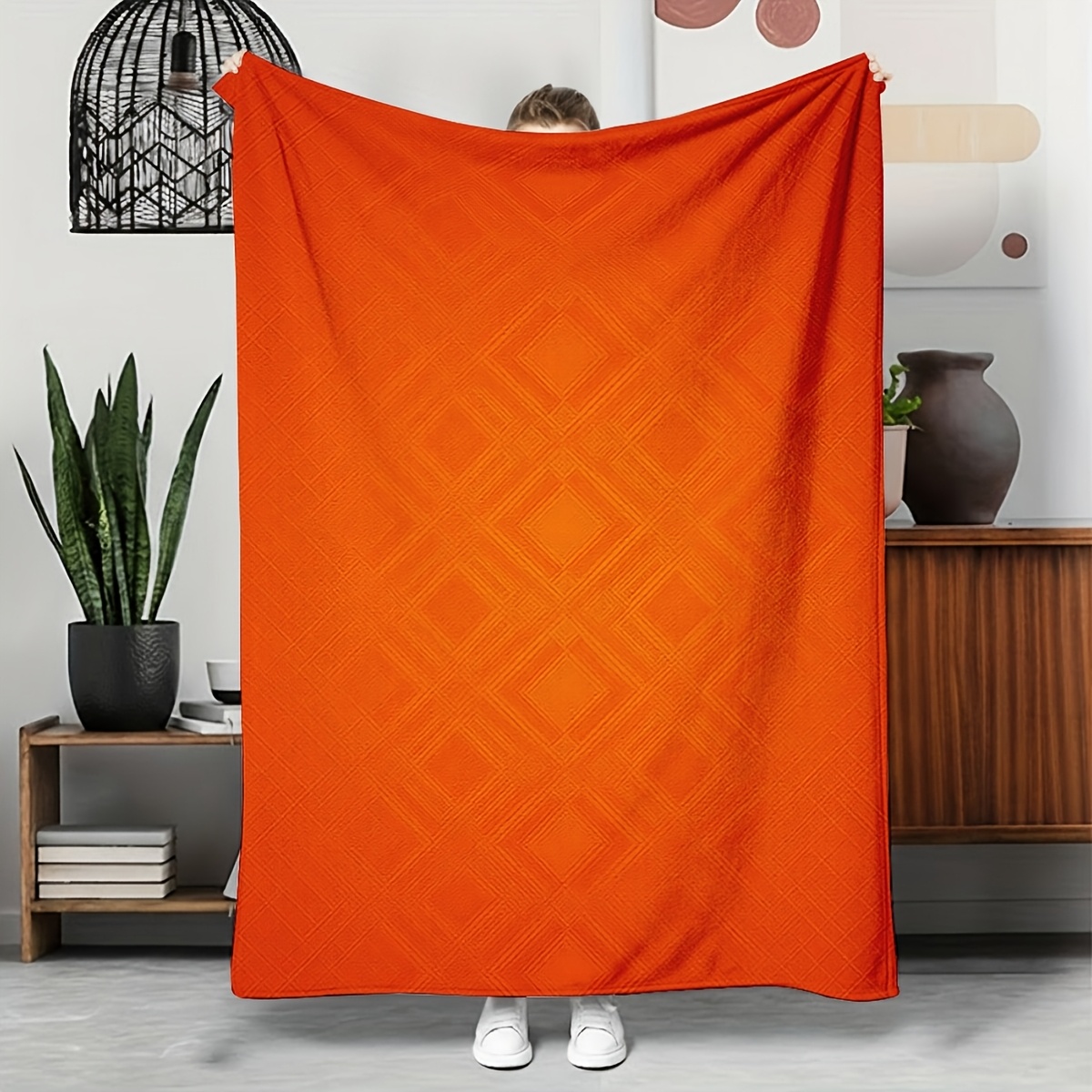 TEMU 1pc Ultra Soft Orange Flannel Blanket With Geometric Diamond Grid Pattern, Cozy Warm Throw For Sofa And Couch, Fluffy Lightweight Plush Fabric