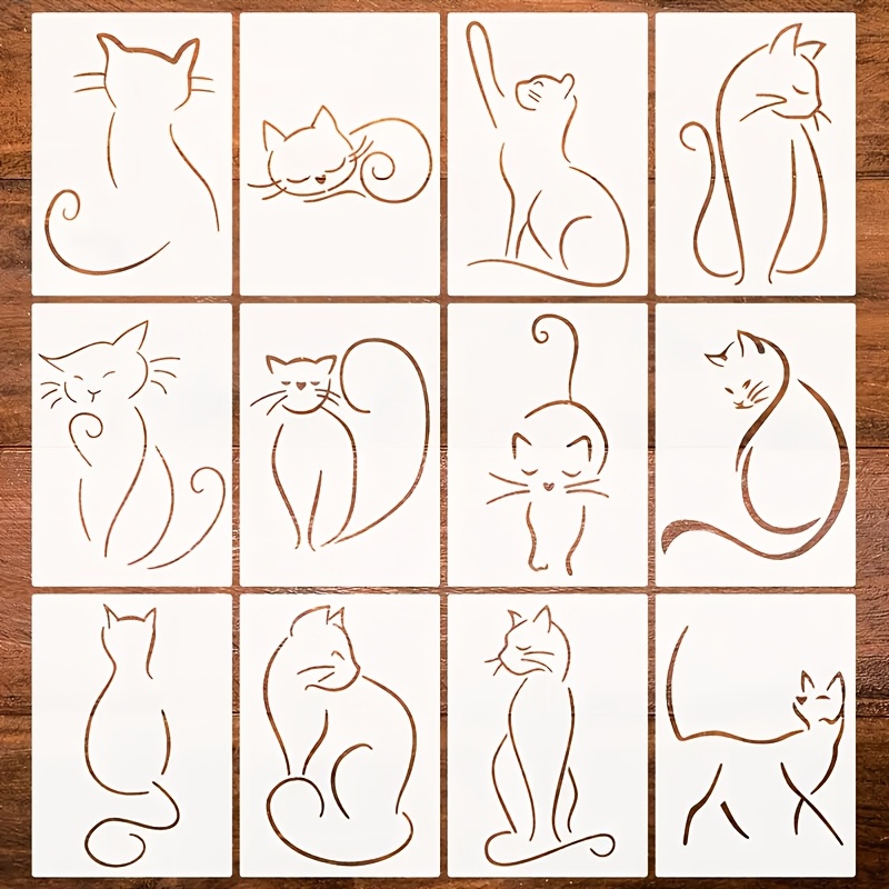 TEMU 12 Minimalist Line Art Cat Outline Pattern Stencils, Reusable Cat Stencils, Suitable For Cat Lovers, Drawing, Cutouts, Thin Fabric Canvas Wall
