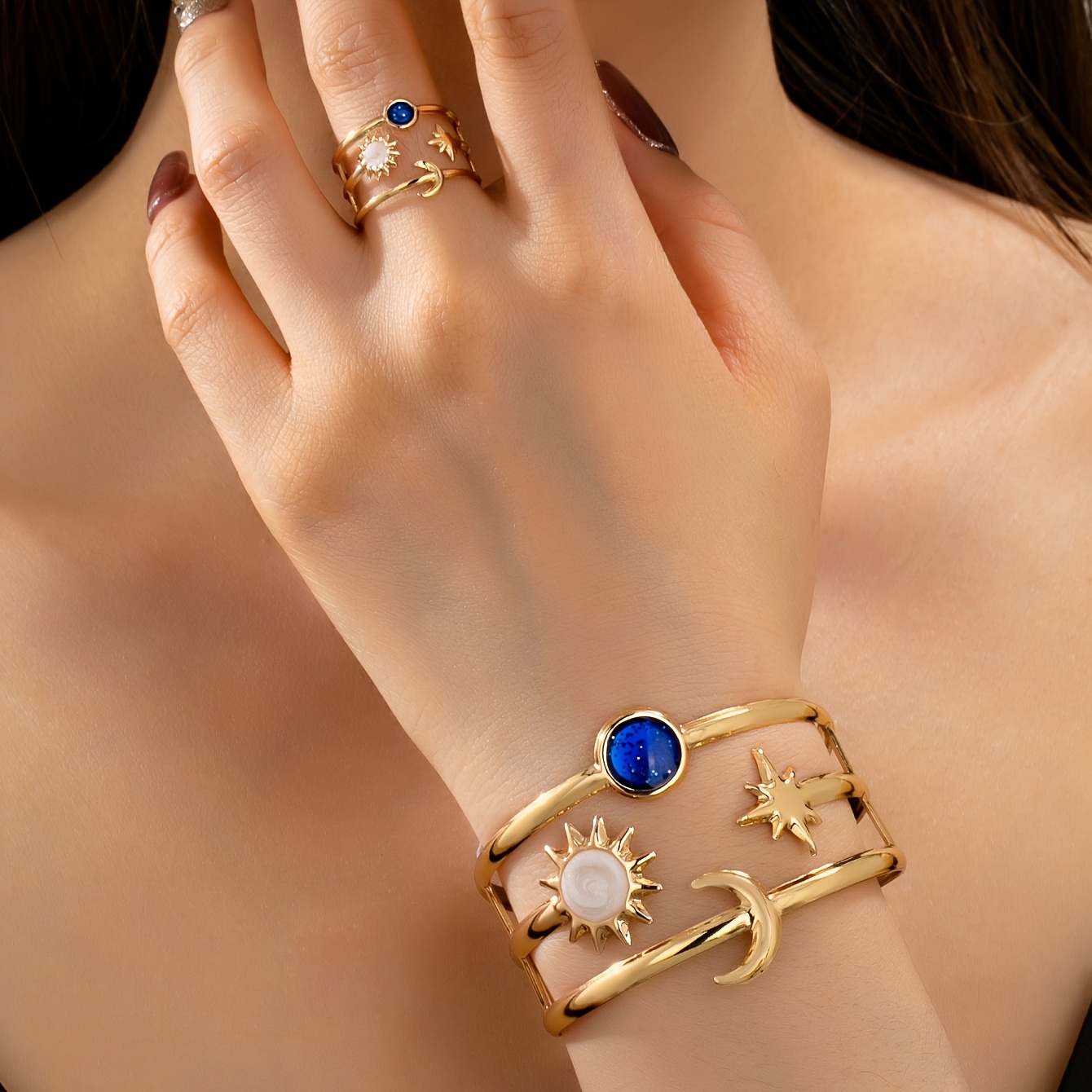 TEMU 2pcs Bohemian Vintage Trendy Moon Planet Sun Bracelet And Ring Set, Suitable For Women' Wear Or Banquet Party Occasions