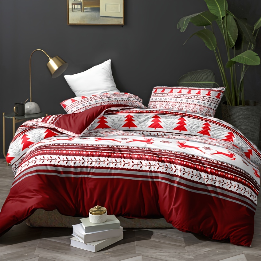 famesale Set biancheria da letto natalizia - Copripiumino a tema natalizio e 2 federe in morbida microfibra con cerniera (regalo di Natale, King