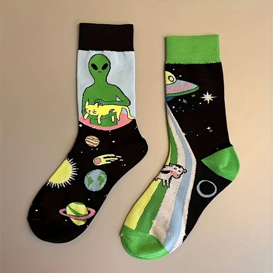 

1 Pair Women's Cartoon Space-themed Crew Socks, Polyester 100%, Knitted, Hand Wash Only, Mid-calf Length