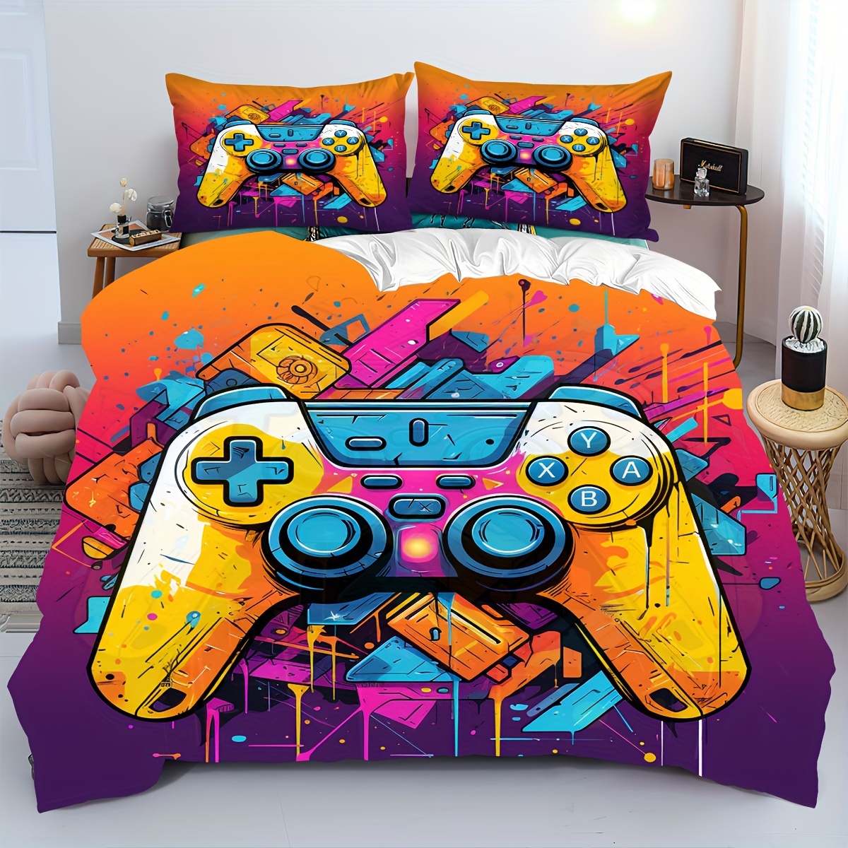 

3pcs Play Game Neon Color Duvet Cover Set (1*duvet Cover + 1/2*pillowcases, Without Core), Fashion Red Grid 3d Print Bedding Set, Soft