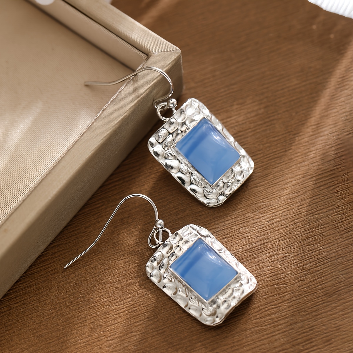 French Retro Style Hammered Blue Stone Women’s Earrings