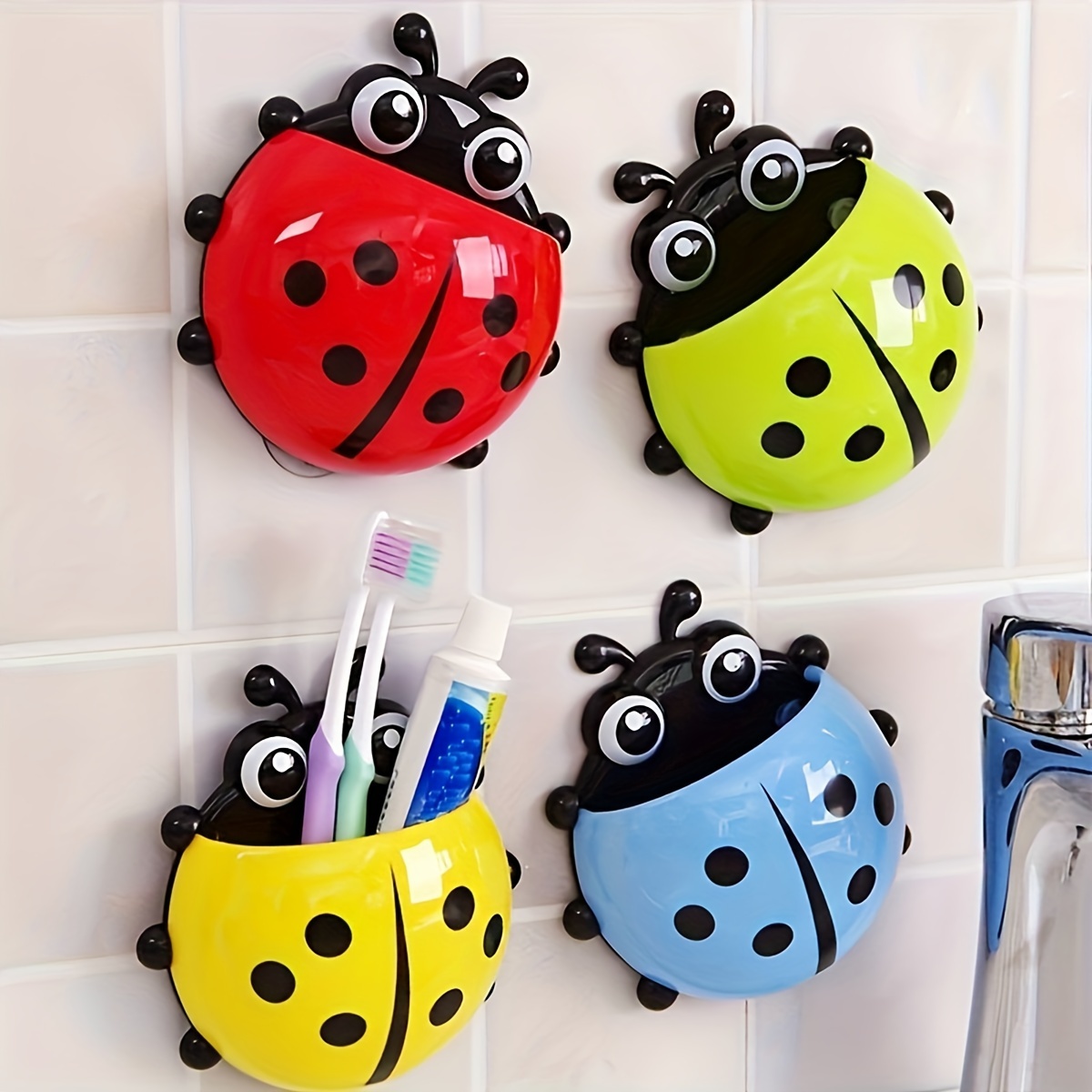 

Adorable Ladybug Toothbrush Holder - No-drill, Wall-mounted Storage Rack With Suction Cups For Bathroom Organization, Christmas/ Gift Decoration