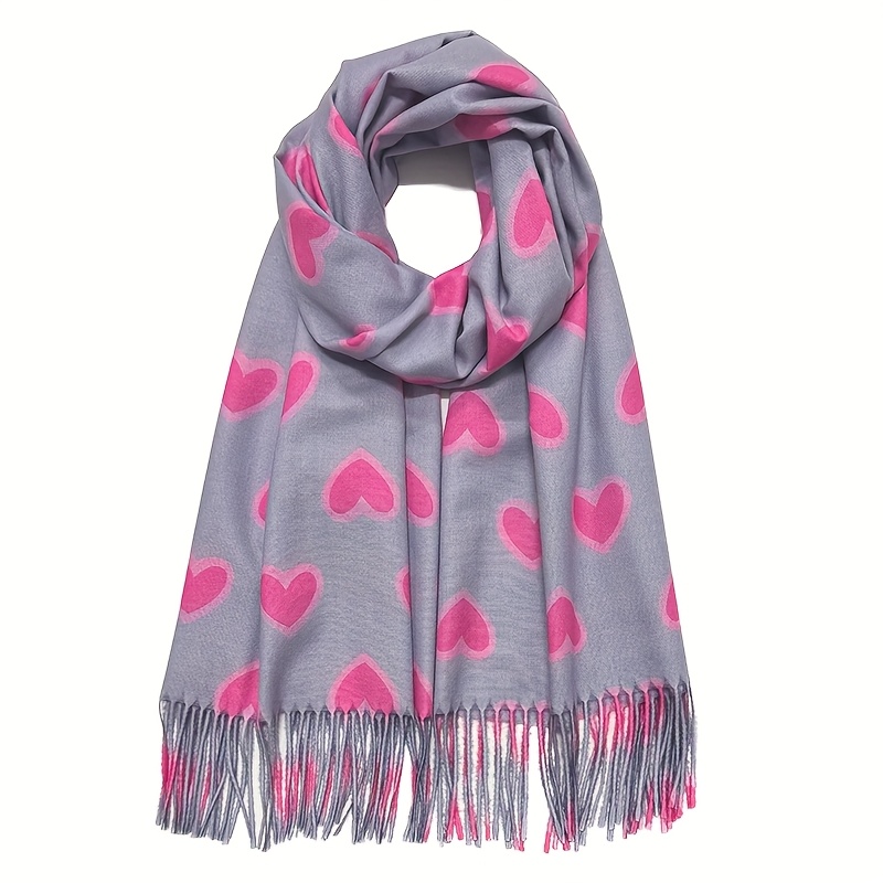 Image of Rose Heart Print Scarf Women's Fashion Elegant Tassel Shawl Valentine's Day Love Gift