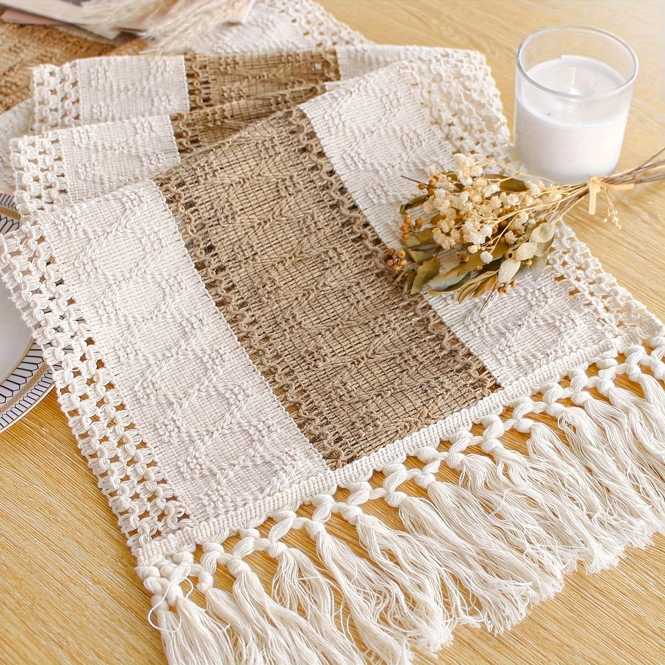 

Boho Chic Table Runner - Polyester Coffee Color With Cream & Brown Tassels, Perfect For Farmhouse & Rustic Decor, Ideal Bridal Shower Gift - Available In 1pc, 4pcs, 6pcs Sets