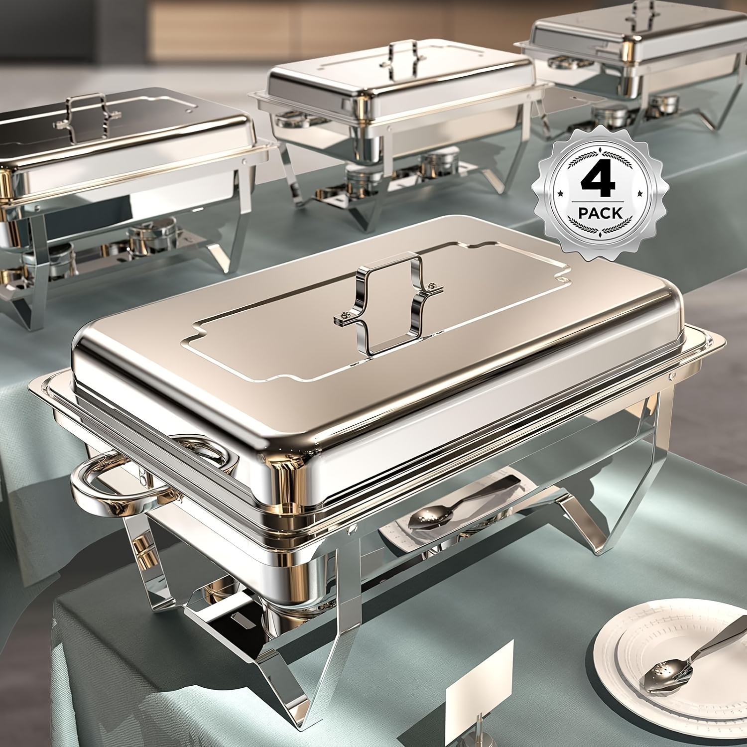 TEMU Chafing Dish Buffet Set, 9 Qt 2/4/6 Pack, Stainless Steel Rectangle Catering Warmer Server For Parties, Dinners, Catering, Buffet And Weddings,