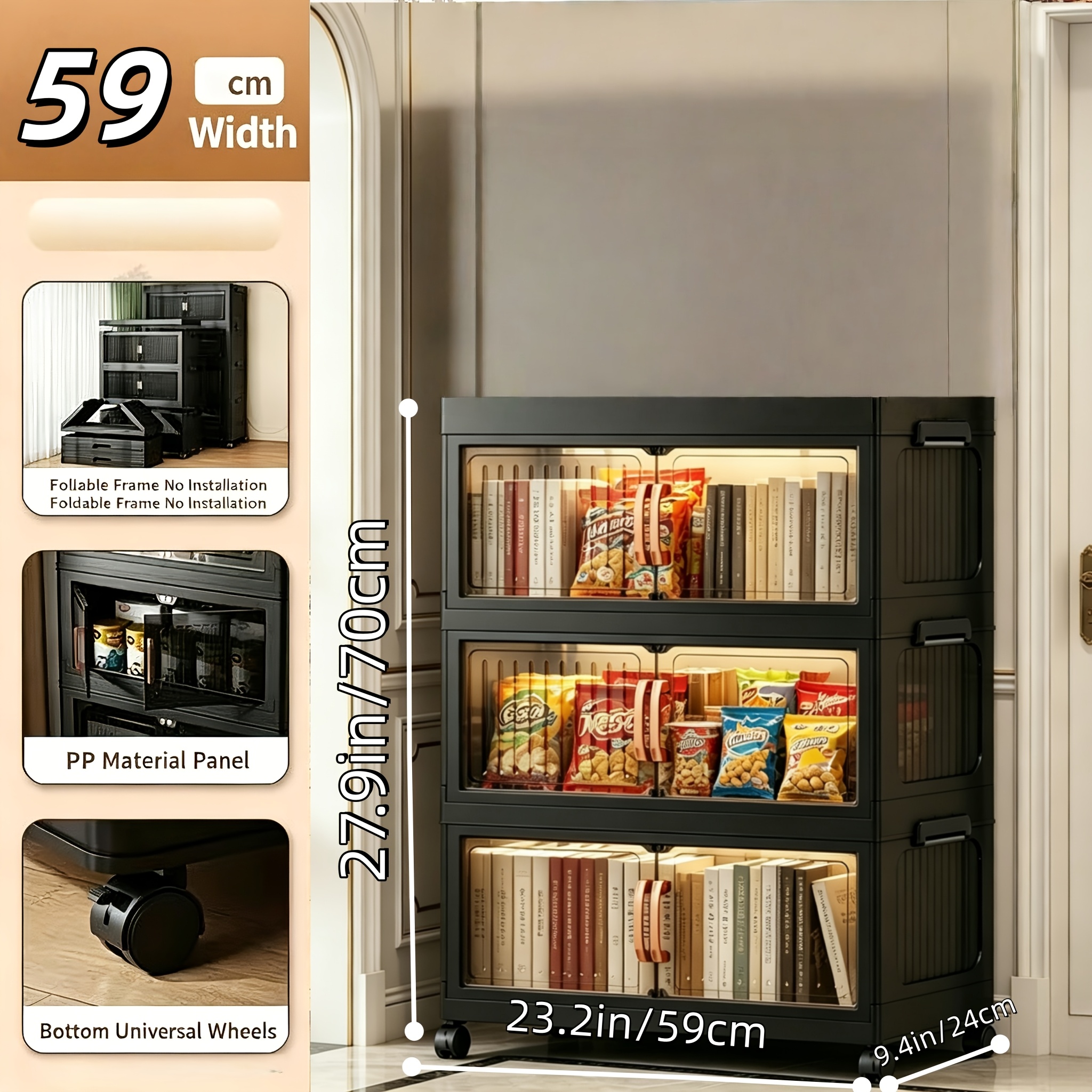 No Assembly 2/3/4/5 Tier Foldable Stackable Storage Cabinet, 44.29 Inch Large Capacity Modular Organizer Box with Lid, Rolling Wheels & Magnetic Double Door, Space Saving Portable Multi-Layer Storage Unit, Easy Setup Household Storage Container