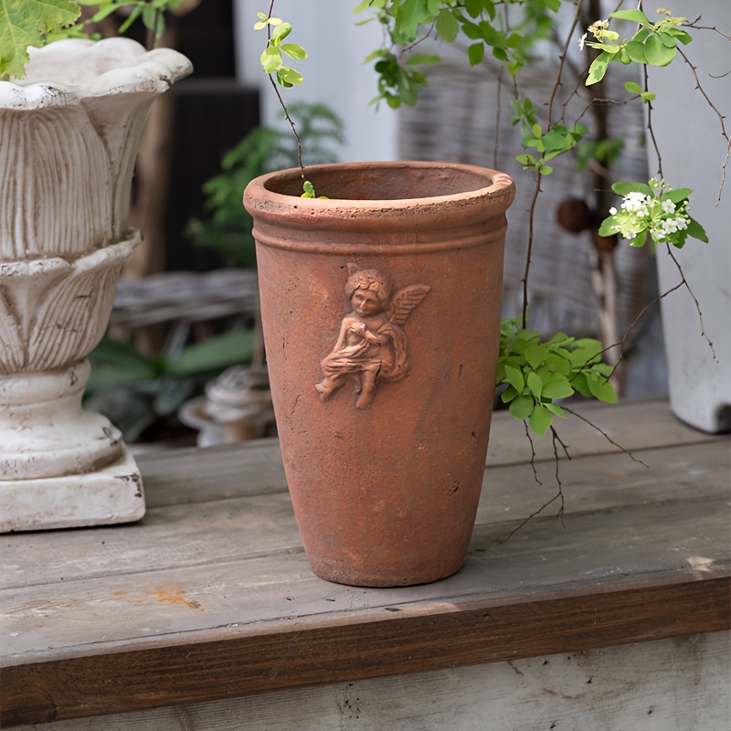 rustic terracotta tall plant pot with angel embossing handcrafted retro glazed clay planter gardening gift home decor