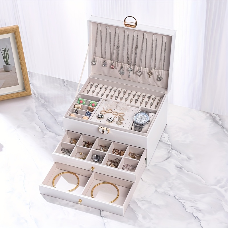 TEMU 1pc Synthetic Leather Jewelry Box, 3 Layers Large Capacity, For Storage Of Earrings Rings Necklace Beads Accessories, Home Storage And
