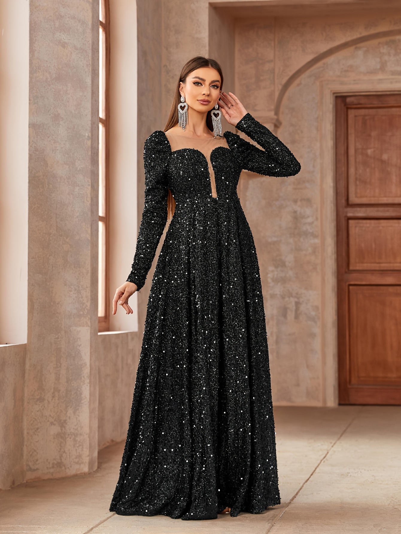 black long sleeve dress sparkle Black Sequin Long Sleeve Short Dress with Open Back main image 1