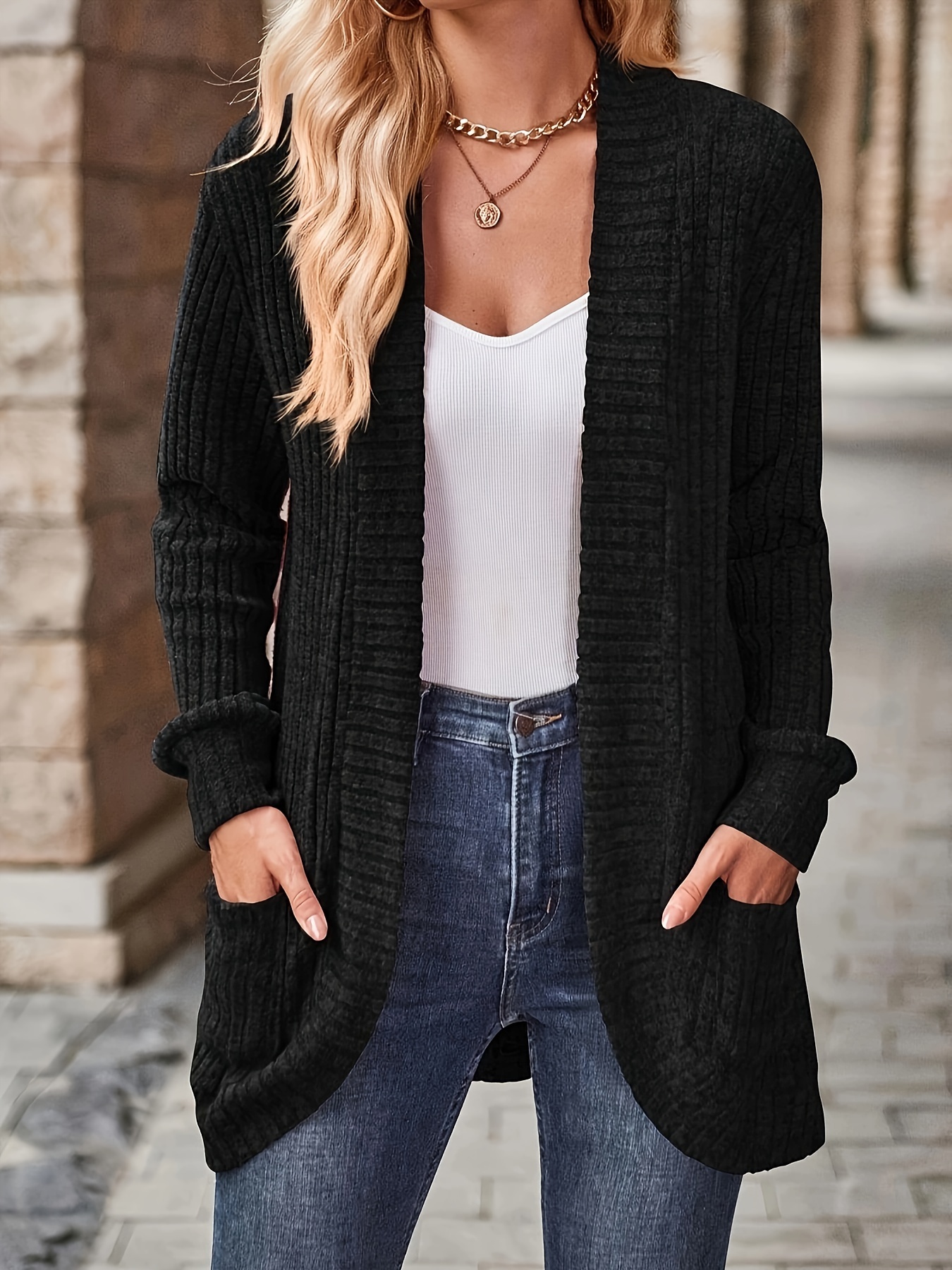 Plus size black cardigan with pockets best sale