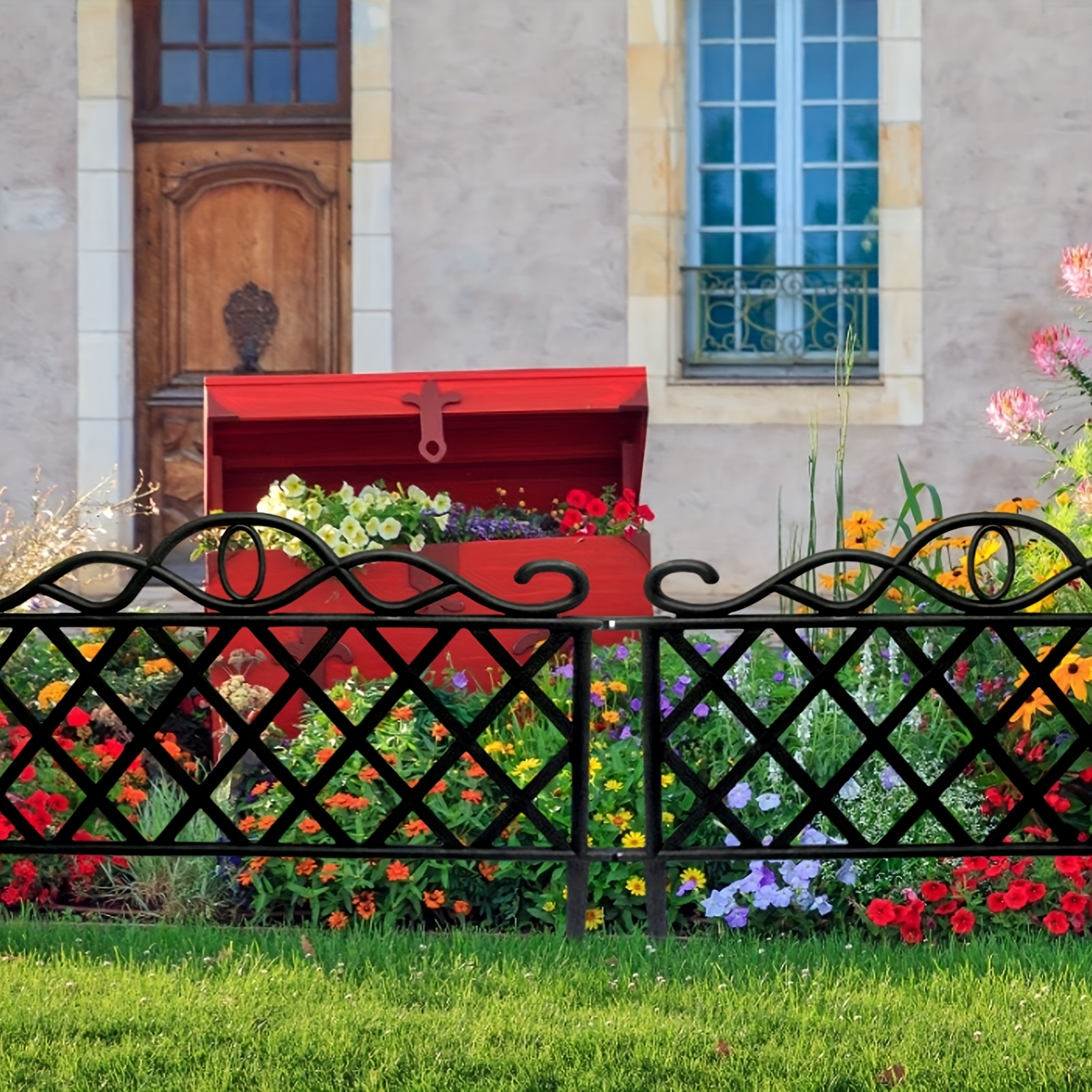 E-shop 【3D】 [3D] 8-teiliges dekoratives Gartenzaun- und Randgestell - Robuster Outdoor-Landschaftszaun im Schmiedeeisen-Stil aus Kunststoff mit
