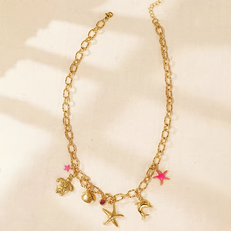 TEMU 1pc Stainless Steel Necklace, Featuring A Stylish And Exquisite Stainless Steel Metal Shell, Starfish, Sea Turtle, And Dolphin Pendant With A