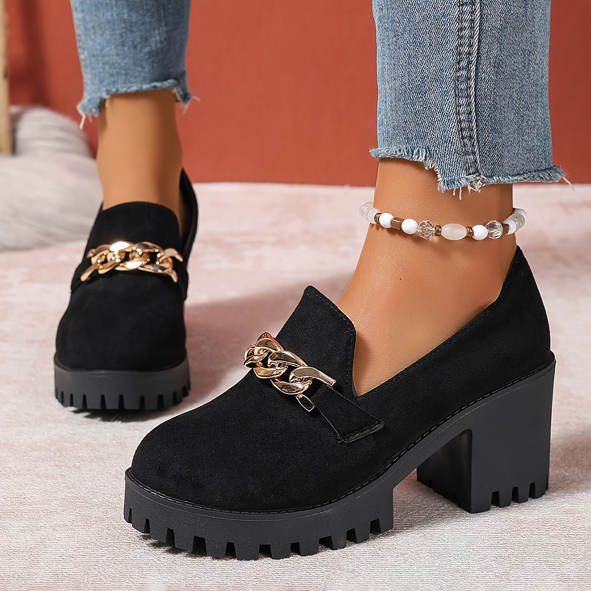 women's low block chunky heel ankle boots closed toe, metal chain