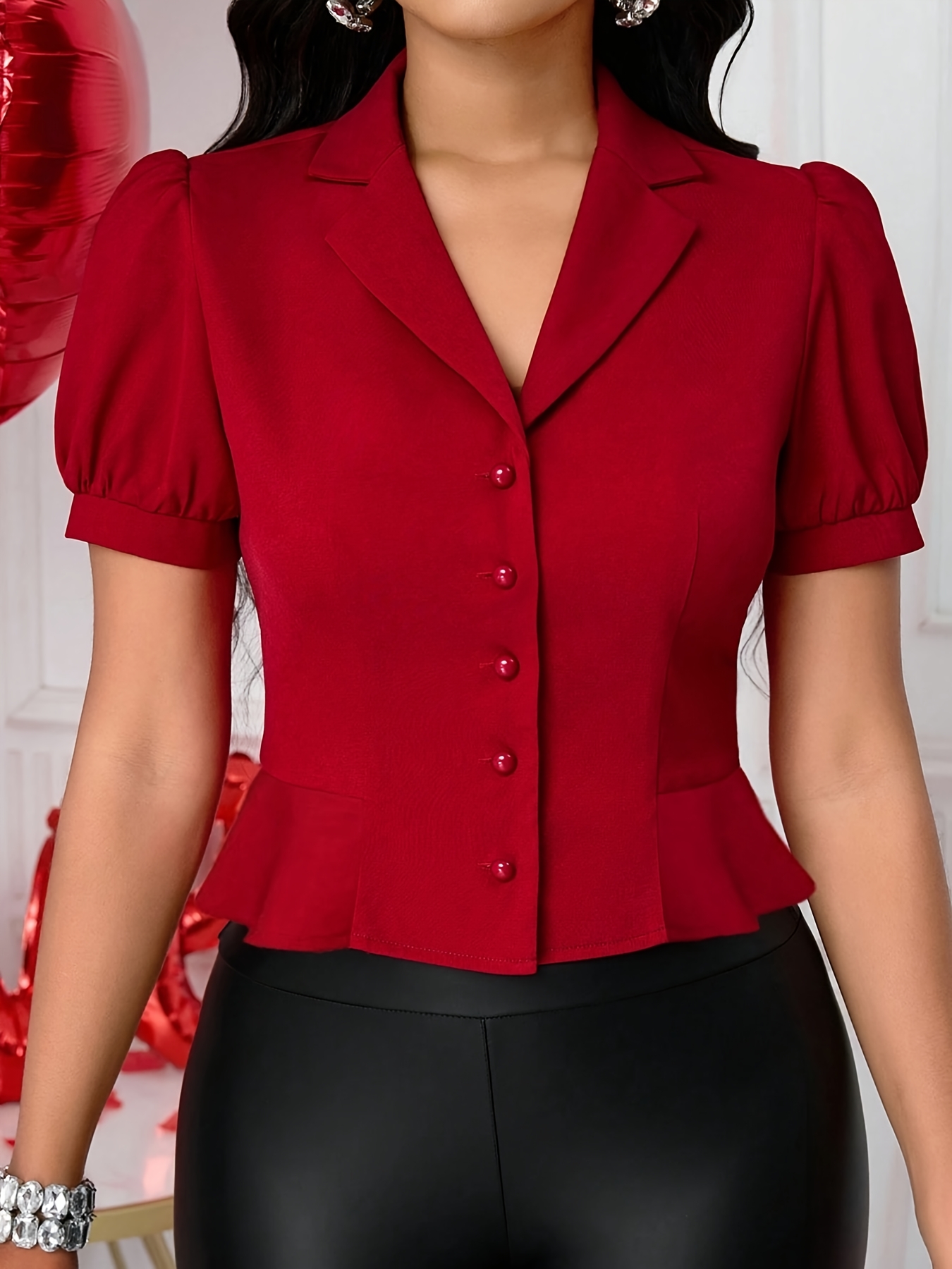 elegante rote bluse knopfleiste rüschenärmeln stilvolle Temu Austria