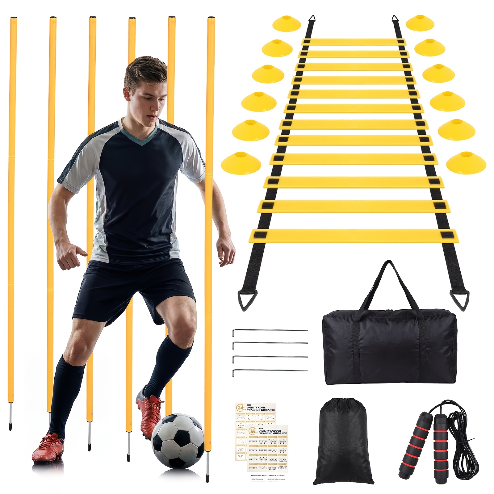 TEMU 1 Soccer Training Equipment Set | 6.5ft Speed Agility Poles With Ground Stakes, 6m Agility Ladder, 12 Disc Cones & Jump Rope, Professional