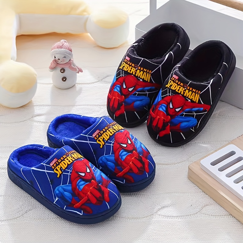 Pair of Kids' Plush Slippers with Spider-Man Print Design, New Autumn/Winter Style for Boys - Black/Blue/Red Options, Easy Slip-On Baby Shoes, Lightweight and Comfortable Indoor Floor Mats, Perfect Holiday Gift, Ideal for Fall Winter Summer, Fashion Statement, Winter Accessory, Cartoon Print, Kids Footwear, for Teenager, for Outdoor