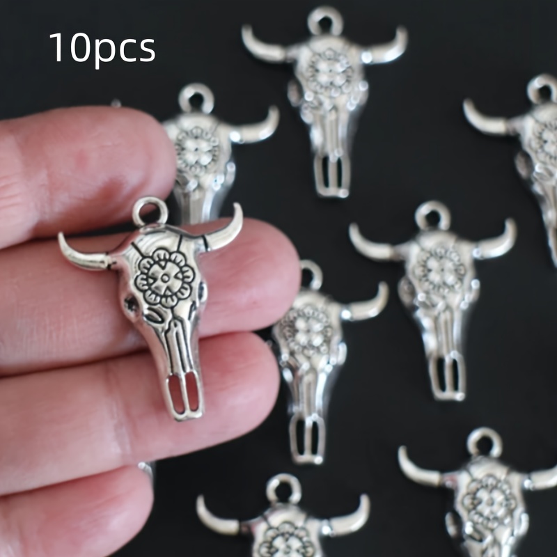 TEMU 10pcs Exquisite Vintage Skull Head With Flower Charms, Pendants For Diy Handmade Jewelry Making Necklace Earrings Keychain Purse Zipper Pull Accessories 31x26mm