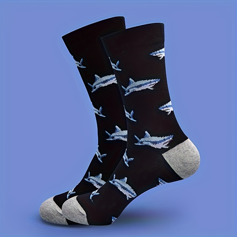 Image of 1 Pair Of Interesting Shark Print Socks Comfortable Breathable Mid-tube Socks Animal Print Socks