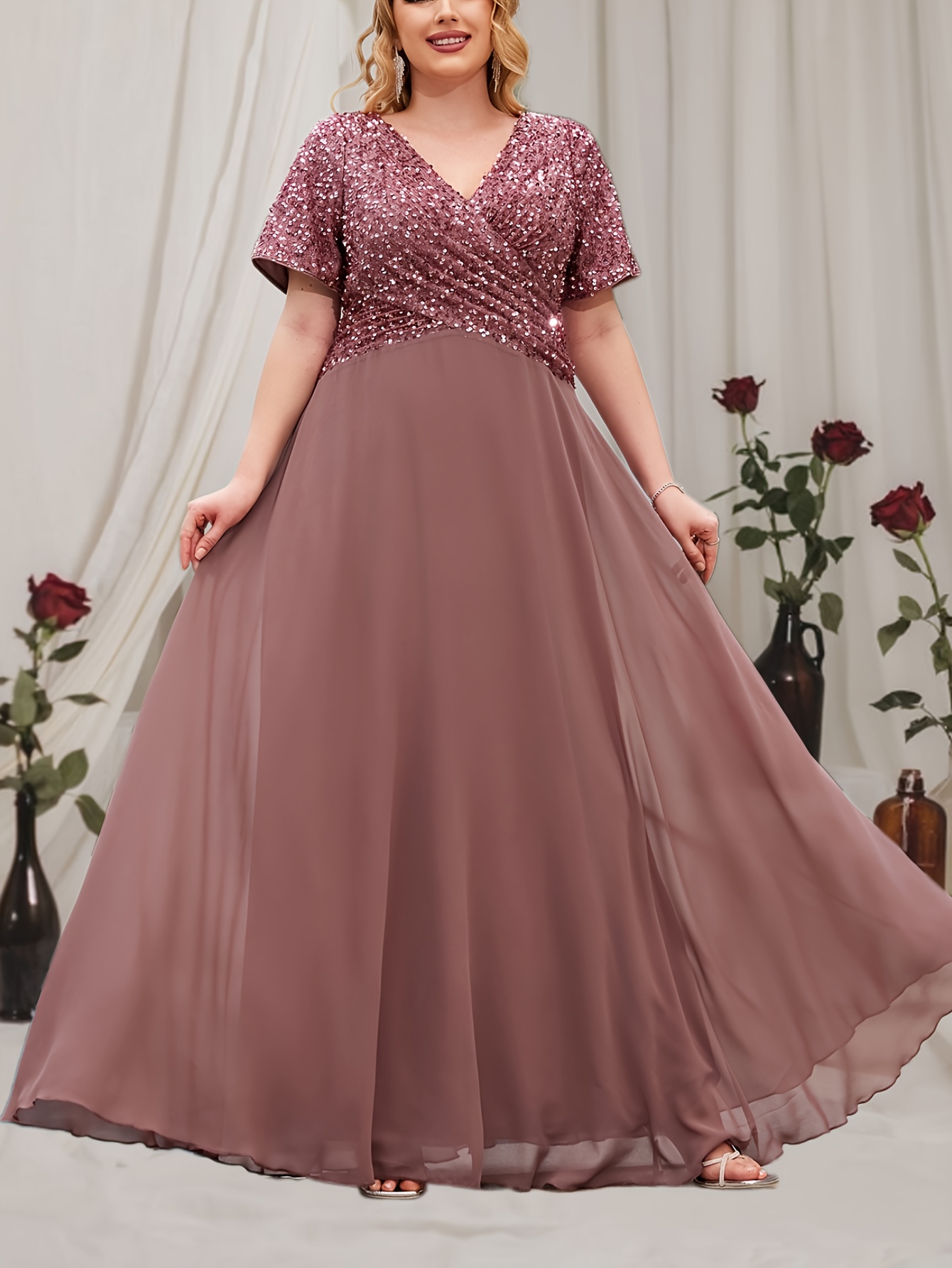 sachin and babi light blue dress Elegant Plus Size Boho Pink Rose Print Chiffon Summer Dress for Curvy –  Canary Houze main image 1