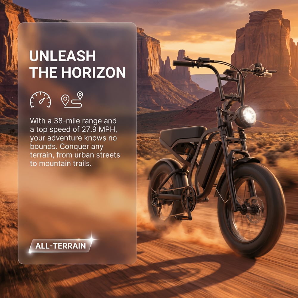 749W Peak Motor 48V 15AH Electric Bike with 37-Mile Range, 27.9 MPH, 20" x 4" All-Terrain Tires, Front Suspension, 7-Speed Shimano, Hydrauli