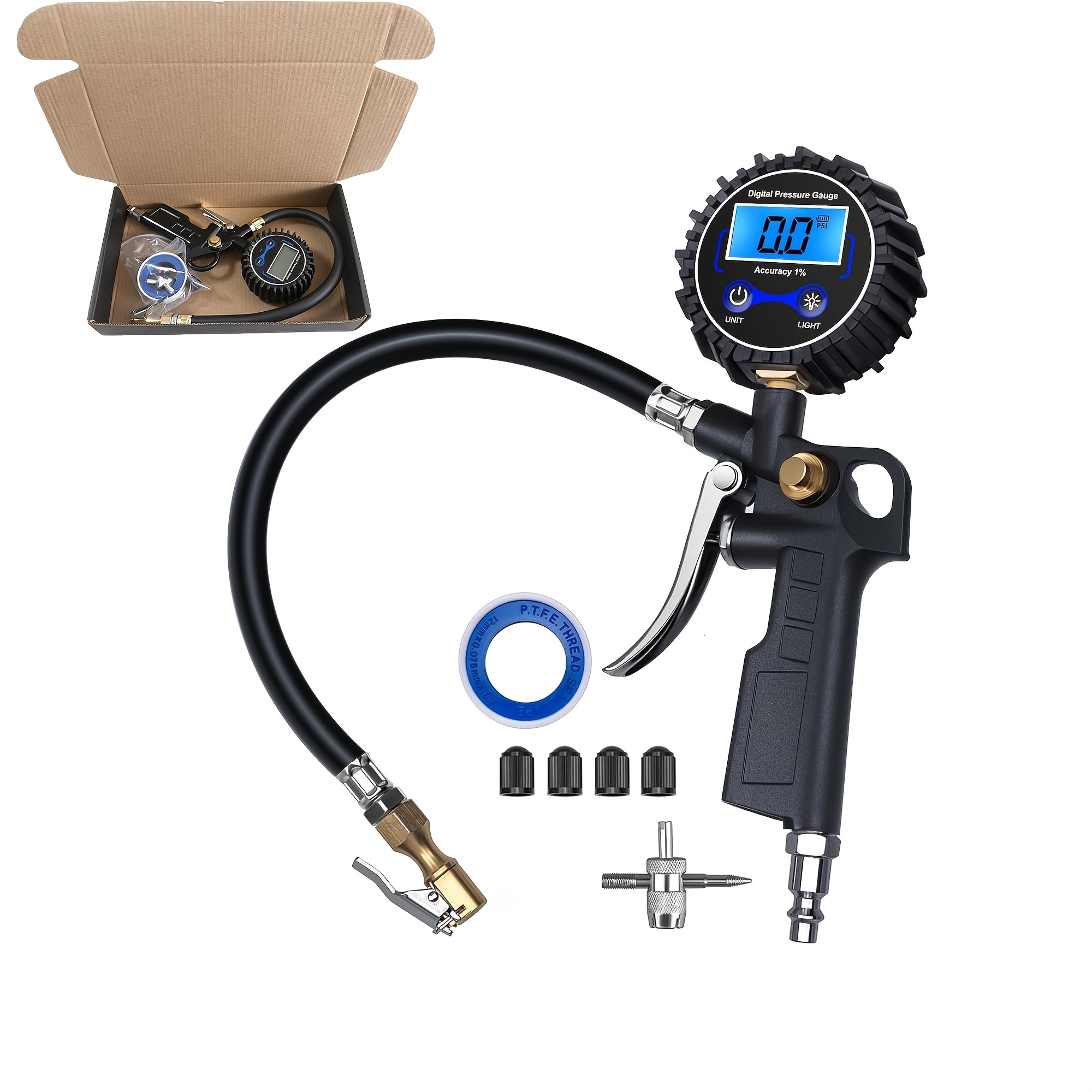 TEMU Digital Tire Inflator Pressure Gauge With Lcd Display, 250psi 1% High Tire Pressure Gauge, Auto , Backlight, With Air Nozzle & Tool Kit, For Car