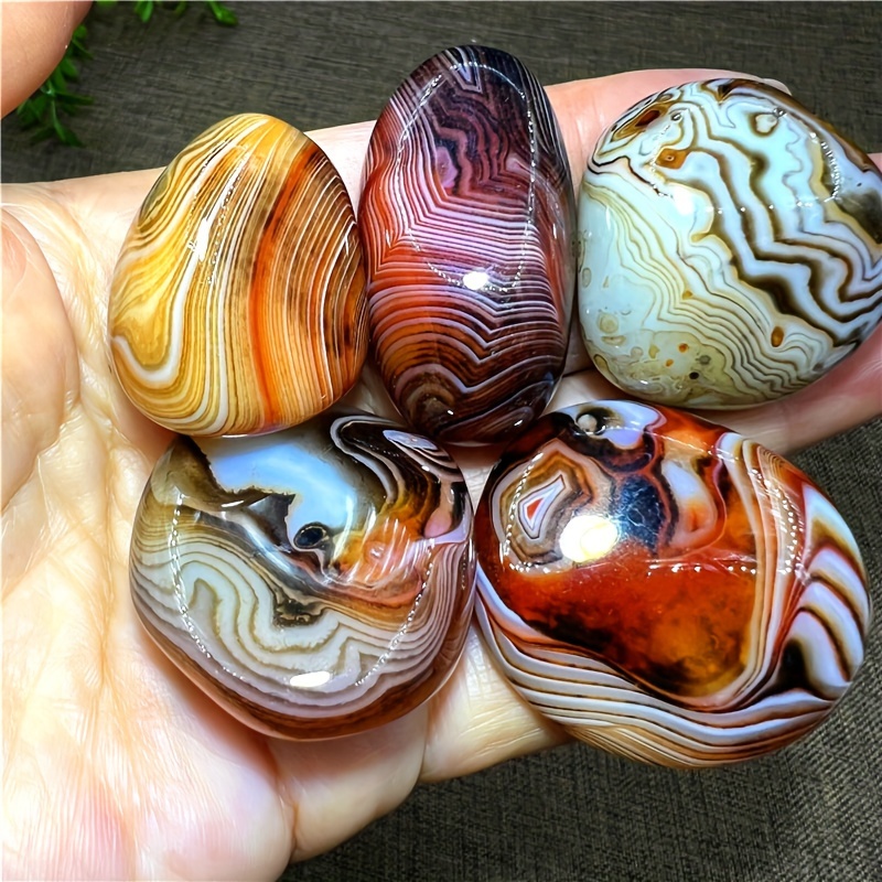 

4pcs Natural Silk Agate Palm Stones - Polished Crystal Quartz, Assorted (brown, Orange, White, Black), Unique Striped Design, Random Shipment