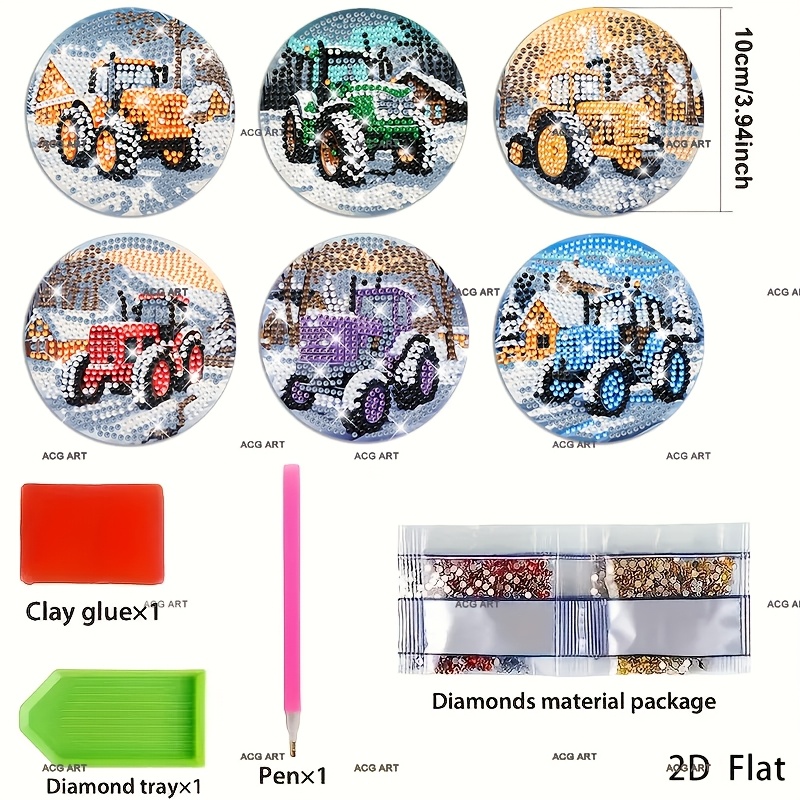 TEMU 6pcs Winter Tractor Diamond Painting Coaster Set, Beginner Diy Coasters, Non-slip Drink Mats - Car Coasters, Tea Coasters, Coffee, Beverage Mug