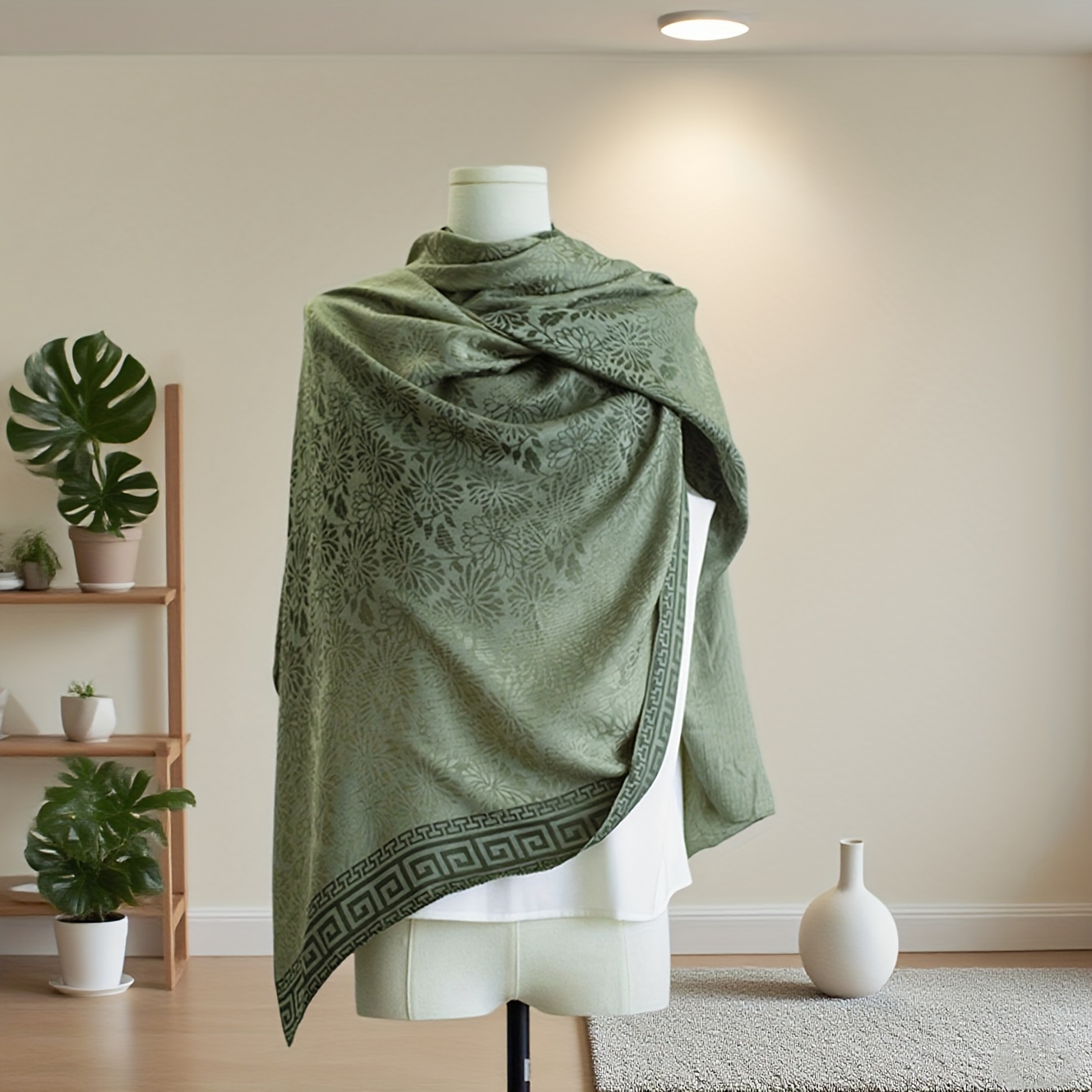 E-shop weicher Damen-Langschal aus Satin mit pfauen grünen Gänseblümchen künstlerischen Drucken, verleiht Ihrem Pendeln eine elegante Atmosphäre. Ein