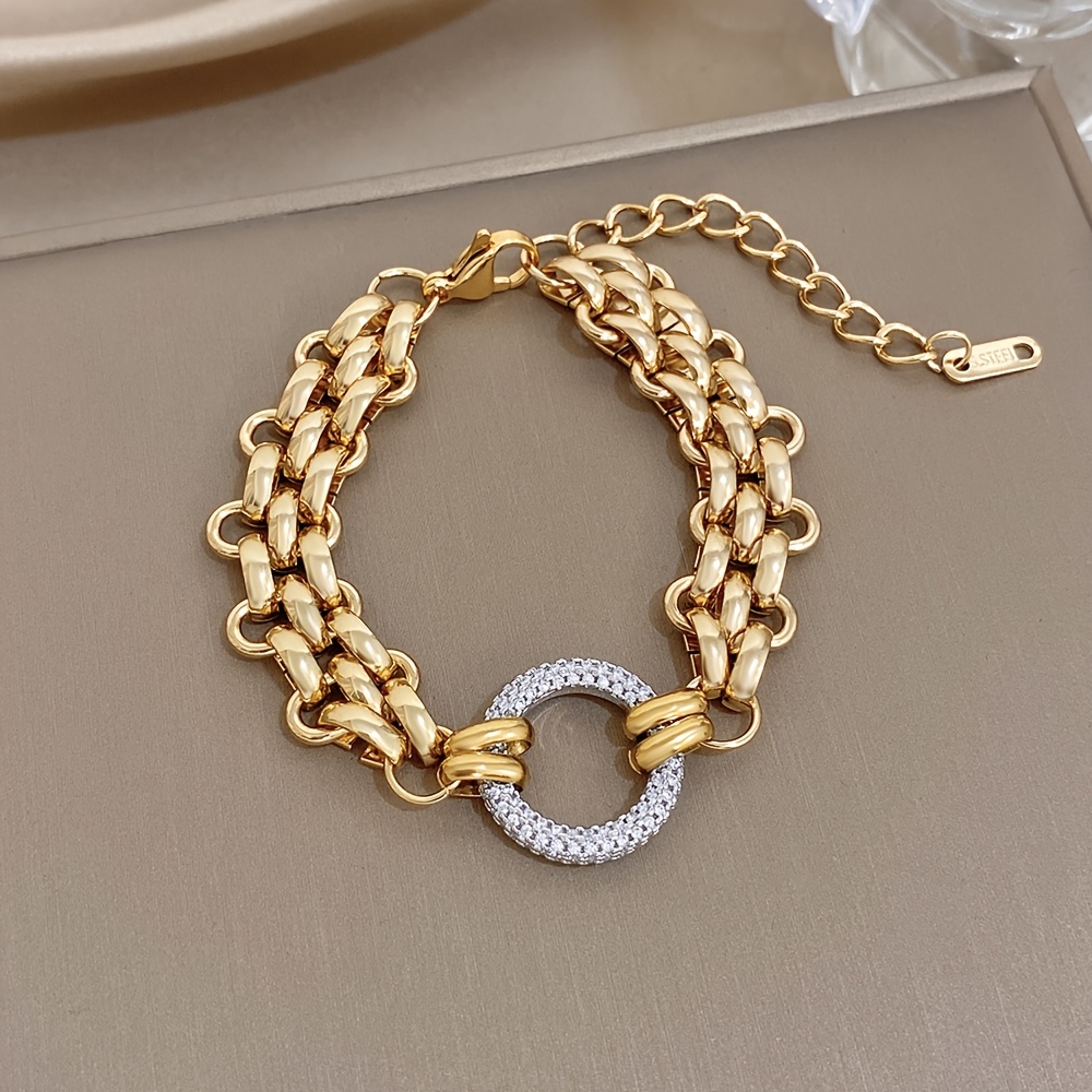 TEMU 1pc Pulsera Retro Gruesa Dorada de Acero Inoxidable Joyería para Mujeres Hombres Cadena de Zirconia Cúbica Sintética y una Pulsera con Colgante