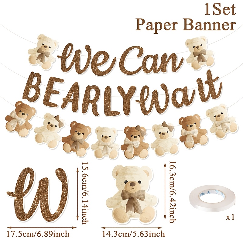 Image of 1set, Banners, Brown Bear Paper Pulling Flag, ' Bearly Wait' Hanging Banner, Bear Theme Party Ornament, Happy Birthday Party Decor, Baby Shower Party Supplies, Event Party Decorations
